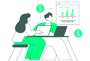 illustration of two people at a desk with laptops open and a financial chart in the background.